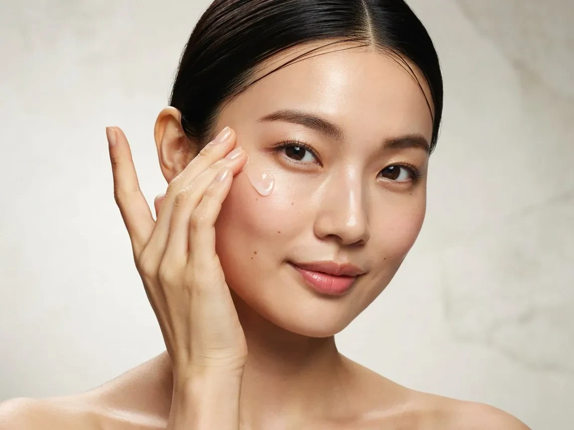 Mor bir yüzeyin ardından bakan bir kadın portresi